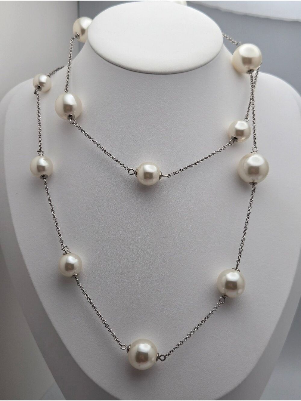 Pearl Tin Cup Necklace Long Layered Faux Pearl Chain 32” + Extender